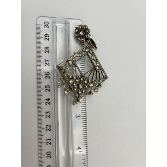 Vintage Silver Tone Dangle Earrings Clip Clear Rhinestones 2.5" - Picture 10 of 13